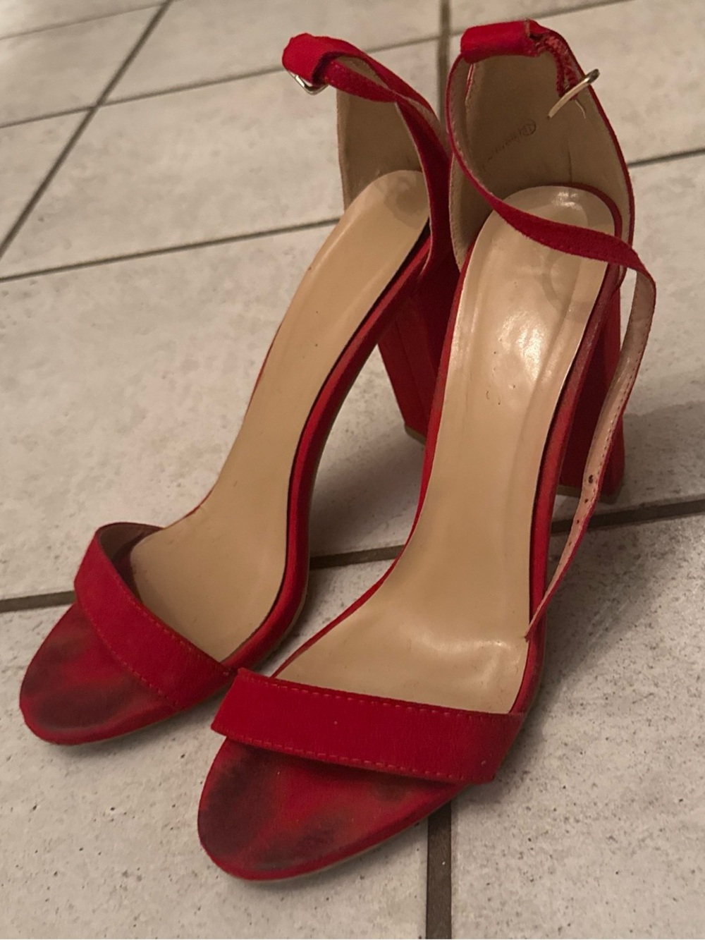 Red Open-Toe Ankle Strap Block Heel Sandals